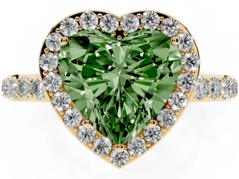 Fancy Green Heart Cut Diamond Halo Ring Set in Yellow gold with Pavé-Setting Band and Open Prong Center