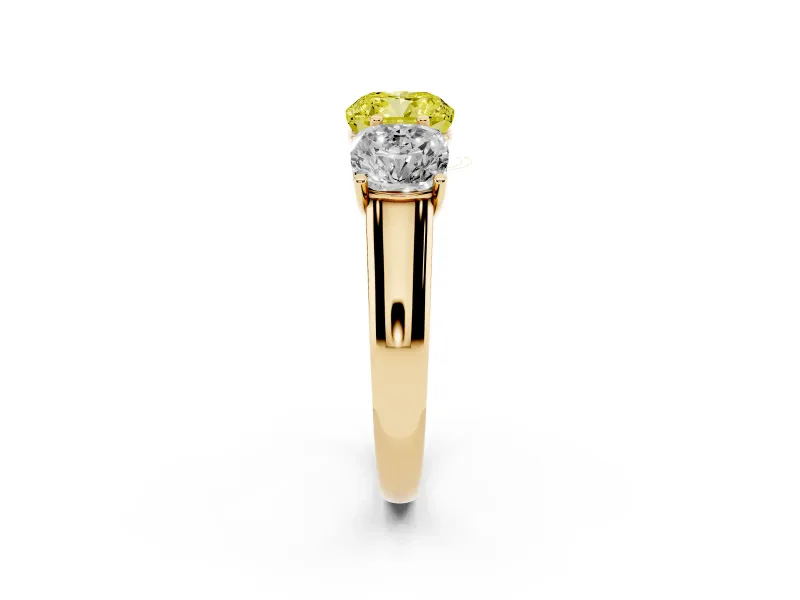 Cushion Cut Three Stone Engagement Ring Setting for a Fancy Yellow Lab-Grown Diamond | Basket Prong Heads | Yellow Gold