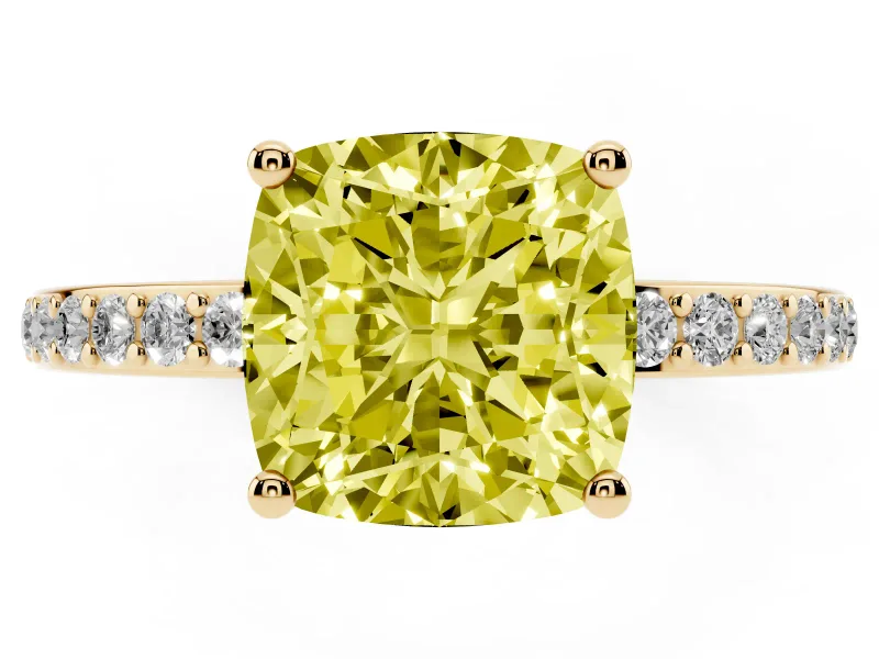 Fancy Yellow Cushion Cut Diamond Pavé Band Ring Set in Yellow gold with Prong-Set Center Stone