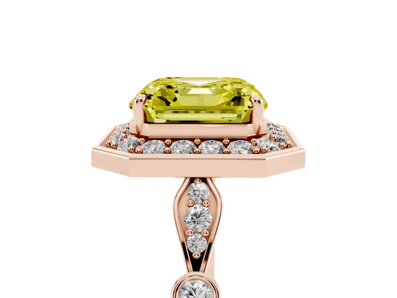 Asscher Cut Halo Engagement Ring Setting for a Fancy Yellow Lab-Grown Diamond | Bezel Station Shoulders | Rose Gold