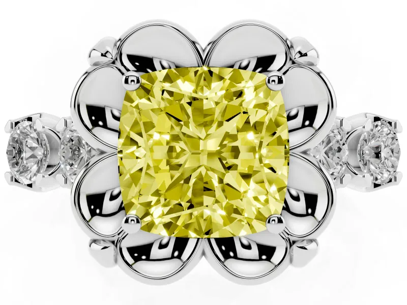 Cushion Cut Floral Engagement Ring Setting for a Fancy Yellow Lab-Grown Diamond | Petal Frame | White Gold