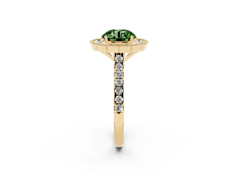 Fancy Green Round Cut Diamond Milgrain Floral Halo Engagement Ring Set in Yellow gold with Pavé Band