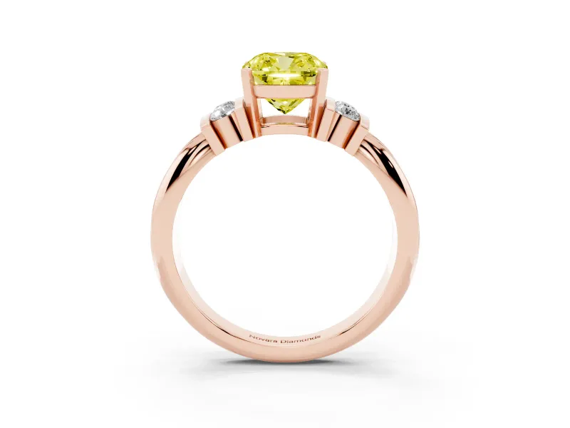 Fancy Yellow Three-Stone Cushion Cut Diamond Channel Set Ring Set in Rose gold with Bar Prongs