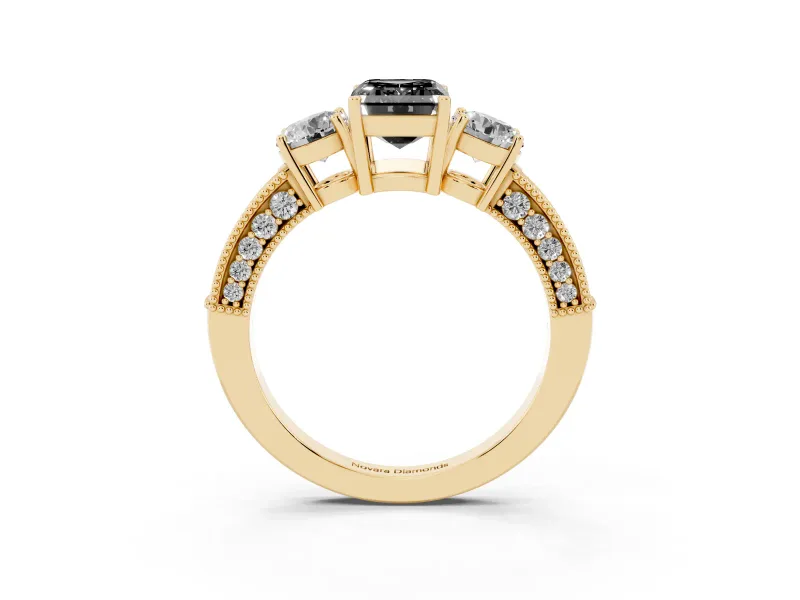 Fancy Black Emerald Cut Diamond Three-Stone Ring Set in Yellow gold with Round Side Stones and Pavé Band