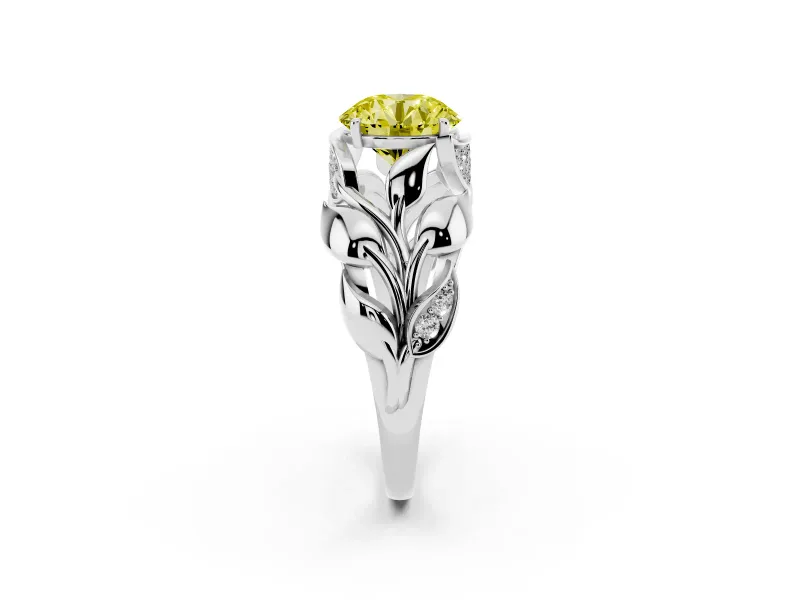 Fancy Yellow Round Cut Diamond Leaf-Inspired Engagement Ring Set in Platinum with Round Accents
