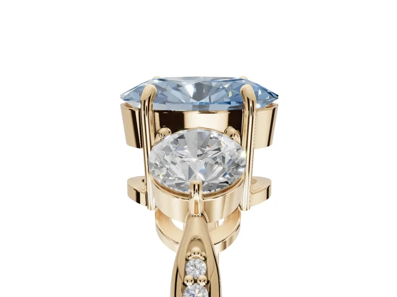 Oval Three Stone Engagement Ring Setting for a Fancy Blue Lab-Grown Diamond | Tapered Pave Band | Yellow Gold