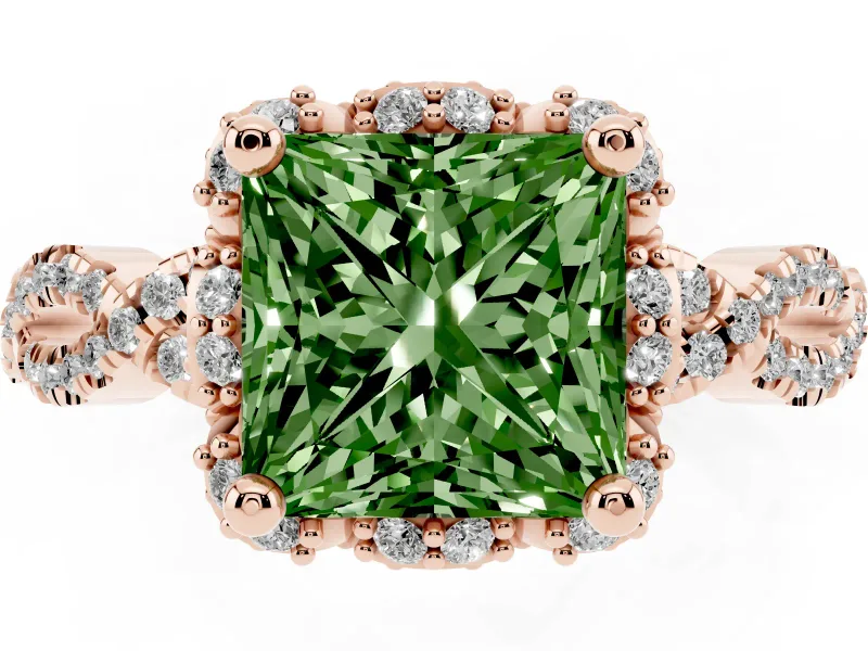 Princess Cut Milgrain Halo Engagement Ring Setting for a Fancy Green Lab-Grown Diamond | Graduated Shoulders | Rose Gold