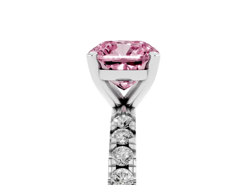 Fancy Pink Cushion Cut Diamond Pavé Band Solitaire Set in White gold with Prong Setting