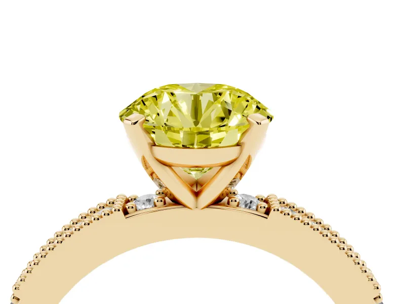 Fancy Yellow Round Cut Diamond Solitaire Ring Set in Yellow gold with Slim Pavé Band and Prong Setting