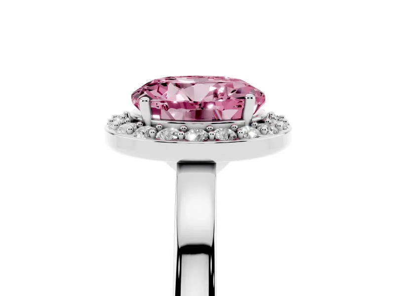 Fancy Pink Round Cut Diamond Halo Ring Set in White gold with Solitaire Band and Prong Setting