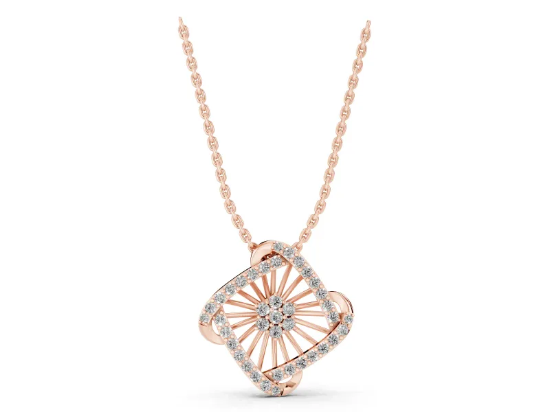 Round Lab-Grown Diamond Cluster Sunburst Pendant Necklace | Pavé Swirl Frame | Rose Gold