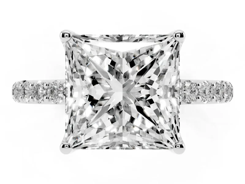 Princess Cut Pave Solitaire Engagement Ring Setting | Fine Line Pave Band | Sterling Silver
