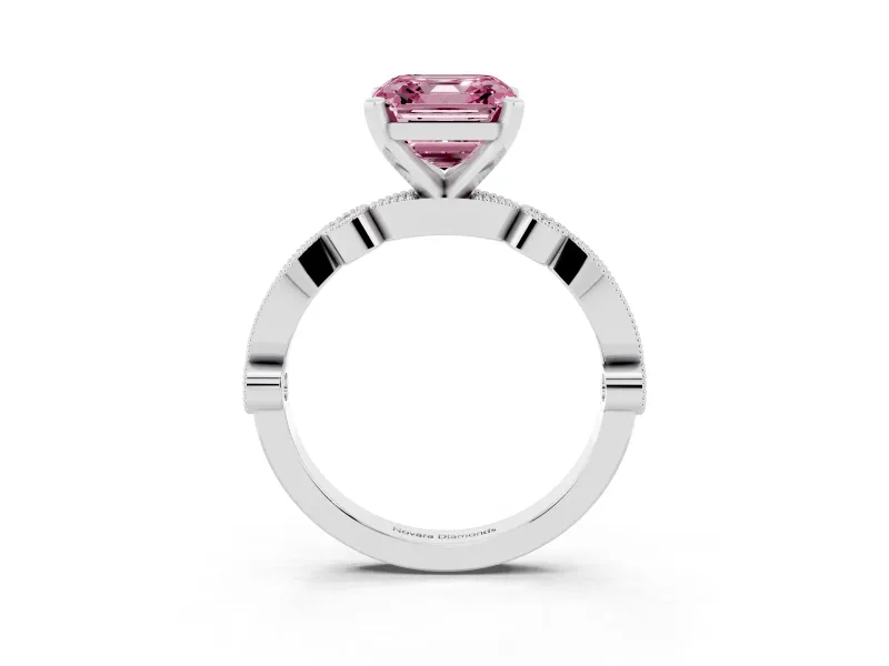 Fancy Pink Asscher Cut Diamond Solitaire Engagement Ring Set in Silver with Milgrain Bezel Accent Band