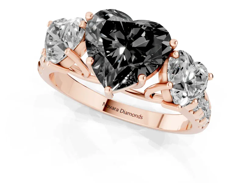 Heart-Shaped Three Stone Engagement Ring Setting for a Black Center | Accented Shoulders | Rose Gold