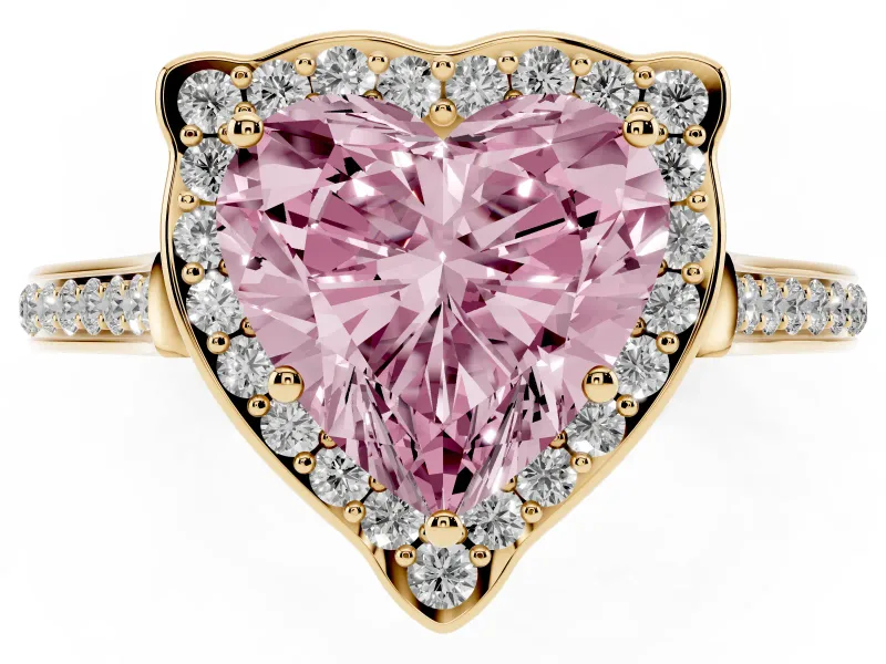 Heart-Shaped Petal Tip Halo Engagement Ring Setting for a Fancy Pink Lab-Grown Diamond | Pavé Band | Yellow Gold