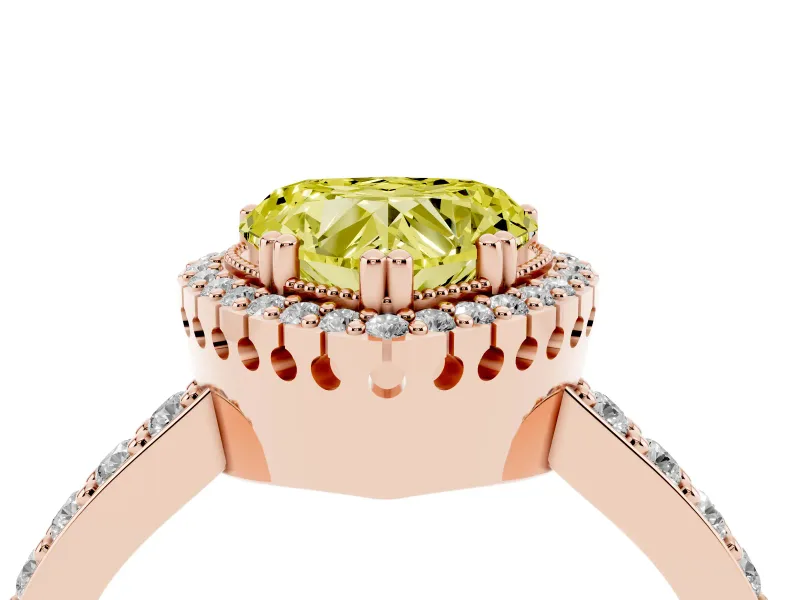 Fancy Yellow Heart Cut Diamond Halo Engagement Ring Set in Rose gold with Milgrain Detail and Pavé Band