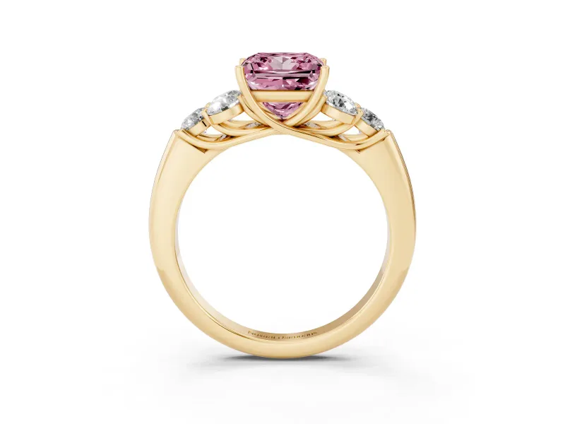Fancy Pink Princess Cut Diamond Cluster Ring Set in Yellow gold with Round Accent Stones and Prong Setting on a Plain Band