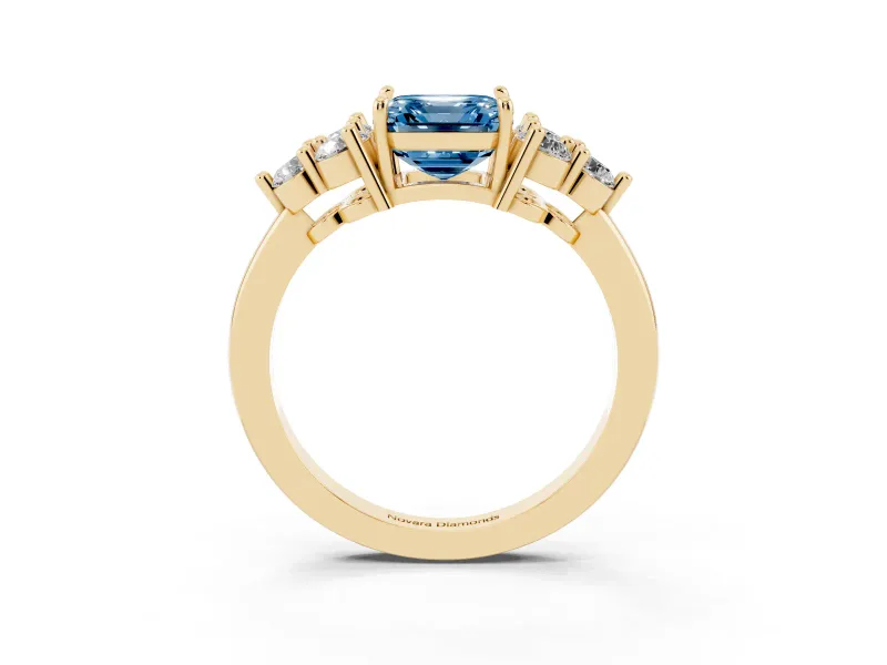 Asscher Cut Cluster Side Stone Engagement Ring Setting for a Fancy Blue Lab-Grown Diamond | Plain Band | Yellow Gold