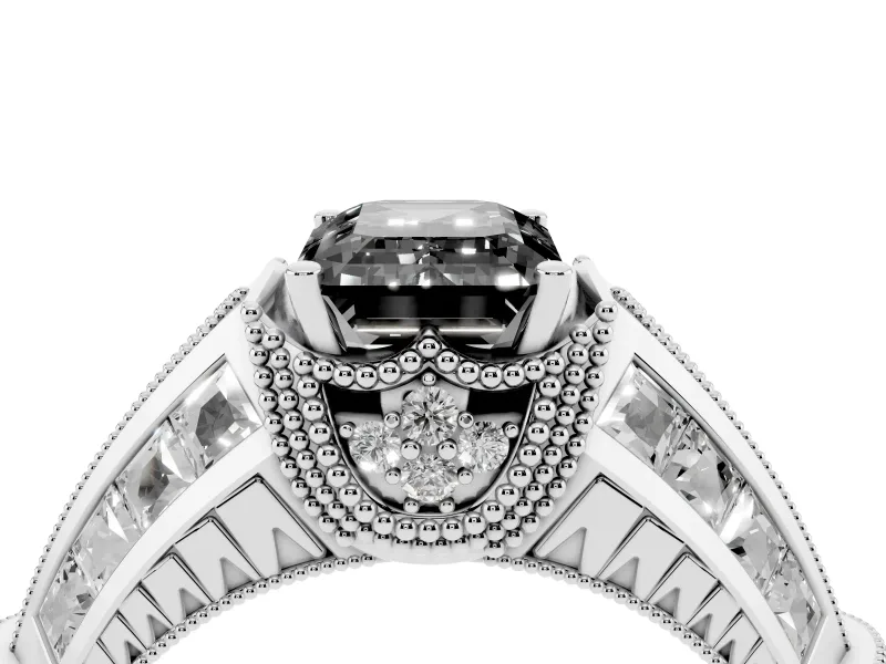 Fancy Black Emerald Cut Diamond Vintage-Inspired Milgrain Ring Set in Silver with Accent Split Shank
