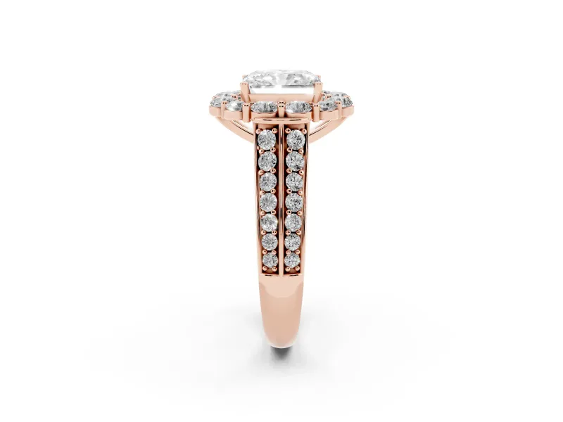Radiant Cut Diamond Halo Engagement Ring Set in Rose gold with Split Shank and Prong Setting
