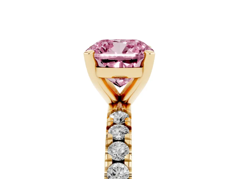 Fancy Pink Cushion Cut Diamond Pavé Band Solitaire Set in Yellow gold with Prong Setting