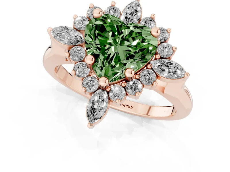 Fancy Green Heart Cut Diamond Cluster Halo Ring Set in Rose gold with Marquise and Round Accents