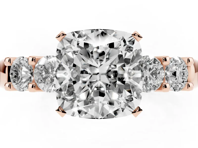 Cushion Cut Five Stone Engagement Ring Setting | Prong-Set Side Stones | Rose Gold