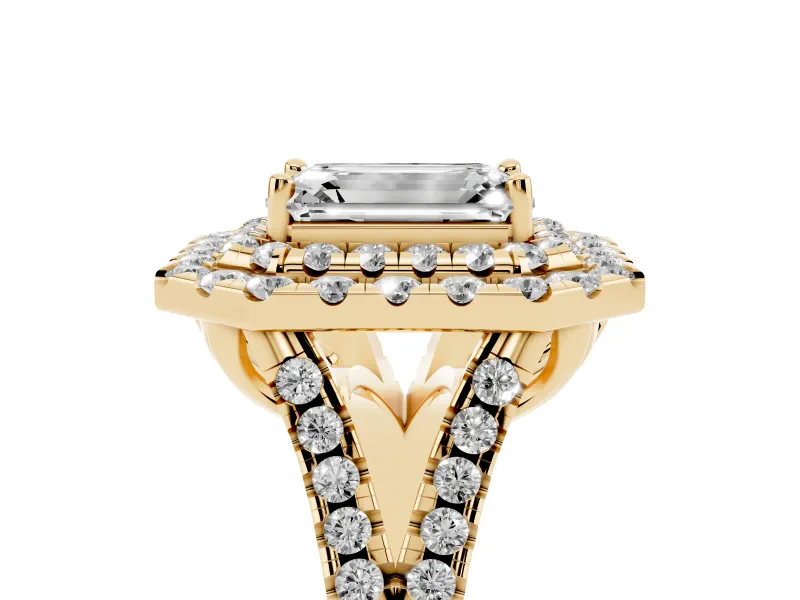 Emerald Cut Halo Split Shank Engagement Ring Setting | Yellow Gold