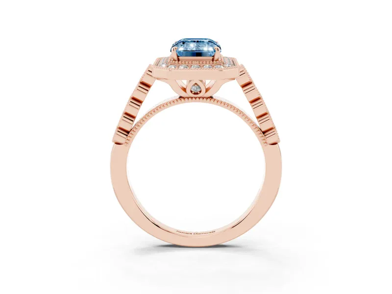 Emerald Cut Graduated Milgrain Halo Engagement Ring Setting for a Fancy Blue Lab-Grown Diamond | Rose Gold