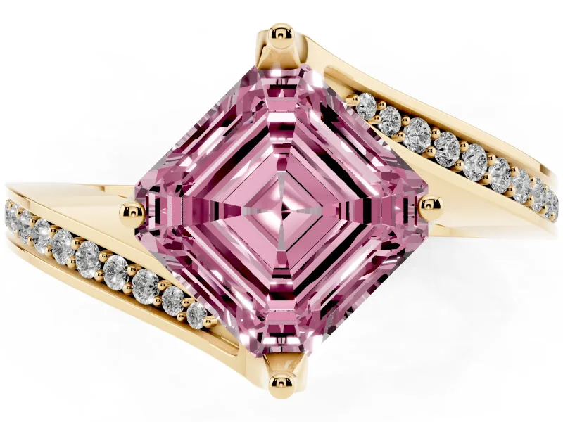 Fancy Pink Asscher Cut Diamond Solitaire Ring Set in Yellow gold with Intertwined Pavé Twist Band