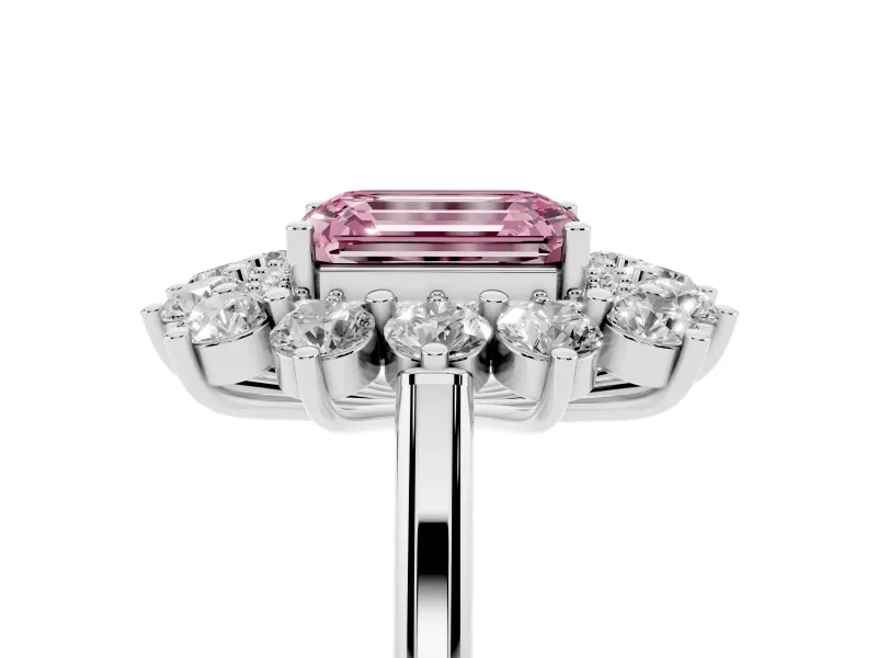 Emerald Cut Floral Double Halo Engagement Ring Setting for a Fancy Pink Lab-Grown Diamond | Plain Band | Platinum