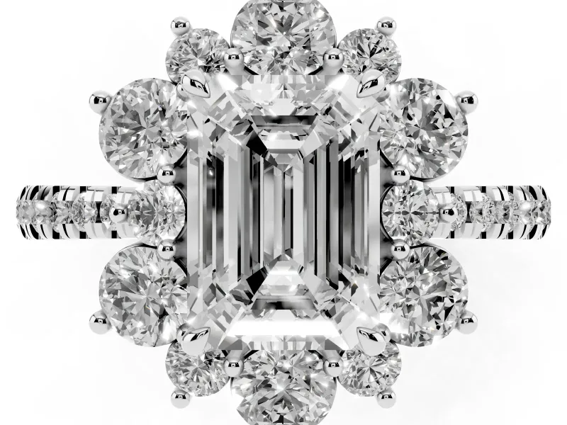 Emerald Cut Diamond Floral Halo Ring Set in White gold with Round Pavé Band and Prong Setting