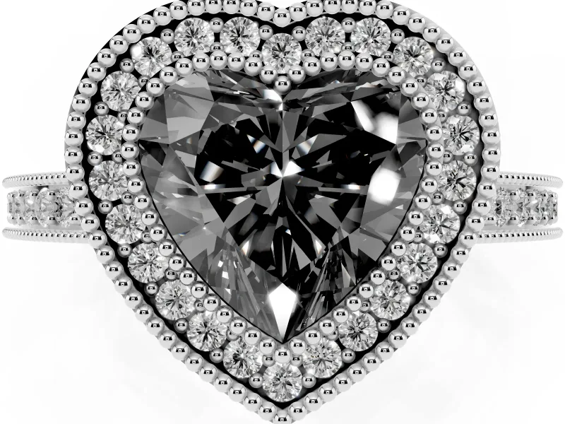 Heart-Shaped Double Milgrain Halo Engagement Ring Setting for a Black Center | Pavé Band | Platinum
