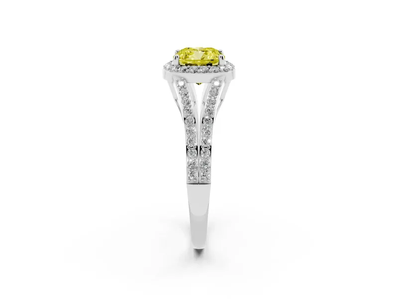 Cushion Cut Halo Engagement Ring Setting for a Fancy Yellow Lab-Grown Diamond | V-Split Pavé Band | Sterling Silver