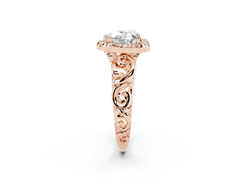 Heart-Shaped Vintage Filigree Halo Engagement Ring Setting | Scroll Shoulders | Rose Gold