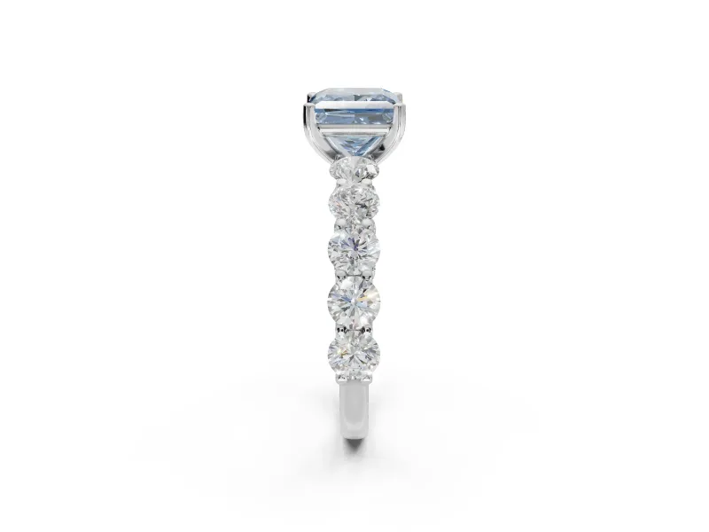 Princess Cut Side Stone Engagement Ring Setting for a Fancy Blue Lab-Grown Diamond | Scalloped Prong Accents | Platinum