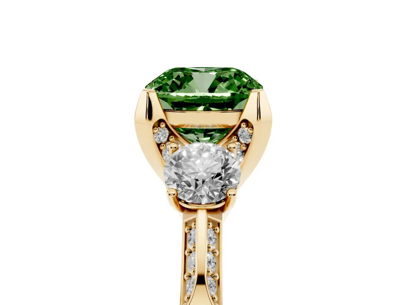 Cushion Cut Hidden Halo Three Stone Engagement Ring Setting for a Fancy Green Lab-Grown Diamond | Yellow Gold