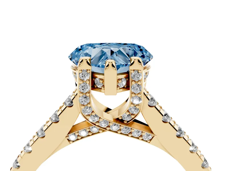 Heart-Shaped Hidden Halo Pave Engagement Ring Setting for a Fancy Blue Lab-Grown Diamond | Claw Prongs | Yellow Gold