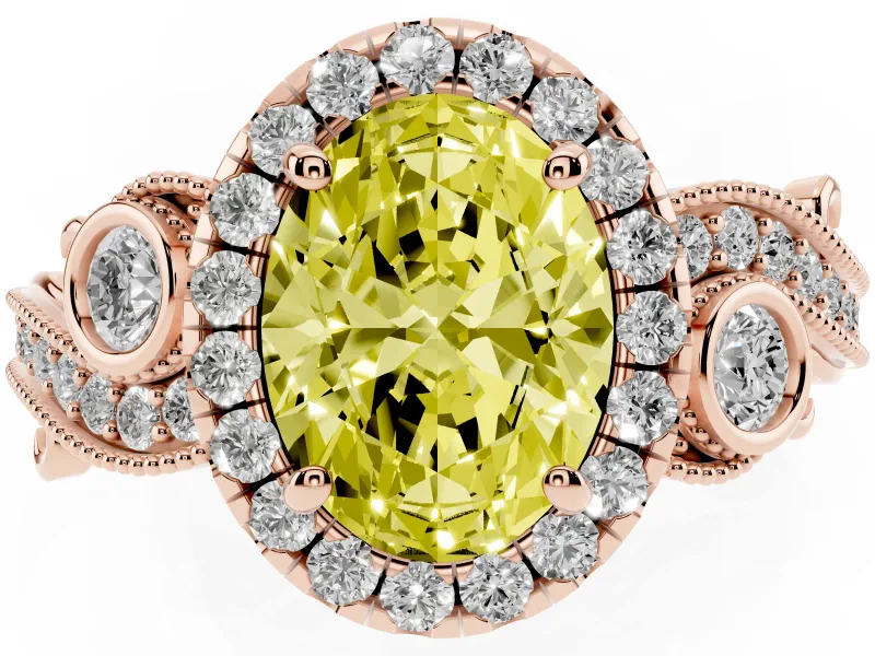 Fancy Yellow Oval Cut Diamond Halo Ring Set in Rose gold with Milgrain Pavé Band and Prong Setting