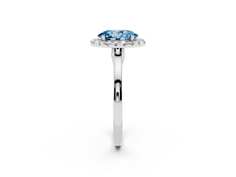 Fancy Blue Oval Cut Halo Round Diamond Solitaire Ring Set in White gold with Pavé Band and Prong Setting