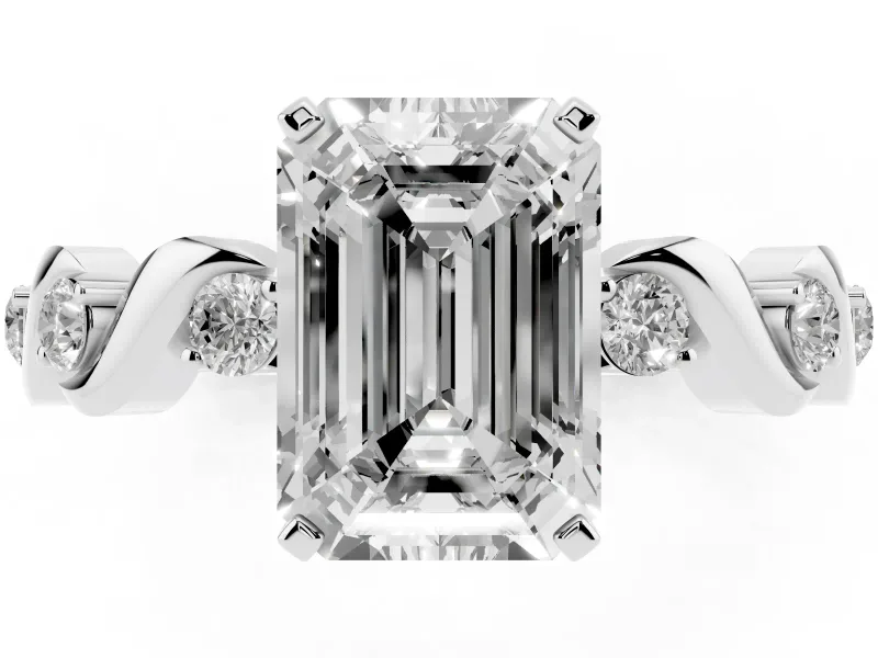 Emerald Cut Ribbon Twist Solitaire Engagement Ring Setting | Accented Shoulders | Sterling Silver