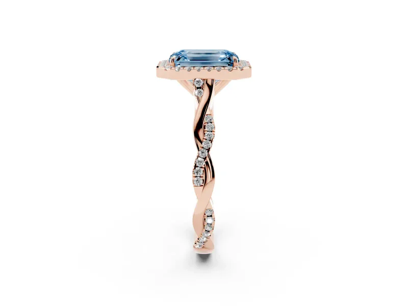 Emerald Cut Twist Halo Engagement Ring Setting for a Fancy Blue Lab-Grown Diamond | Rose Gold