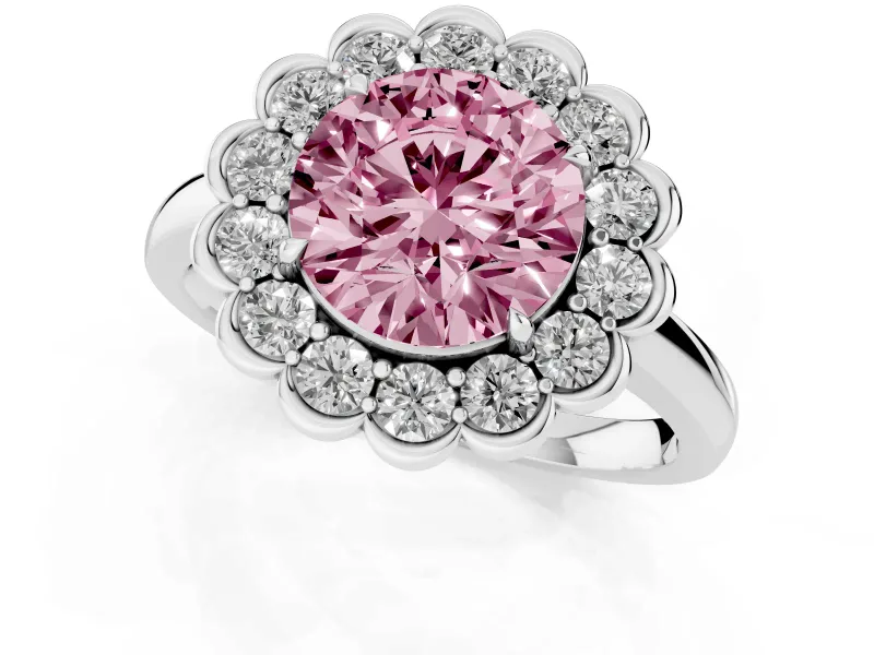 Round Scalloped Cluster Halo Engagement Ring Setting for a Fancy Pink Lab-Grown Diamond | Plain Band | Sterling Silver