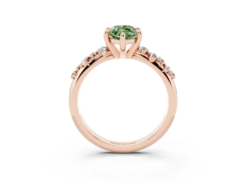 Fancy Green Marquise Cut Diamond Solitaire Vine Band Ring Set in Rose gold with Round Accents and Prong Setting