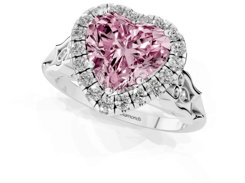 Fancy Pink Heart Cut Diamond Halo Engagement Ring Set in Silver with Filigree Band and Prong-Set Center