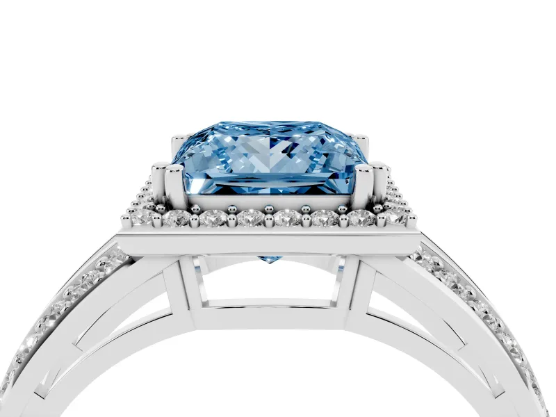 Princess Cut Halo Engagement Ring Setting for a Fancy Blue Lab-Grown Diamond | Pave Split Shank | Sterling Silver