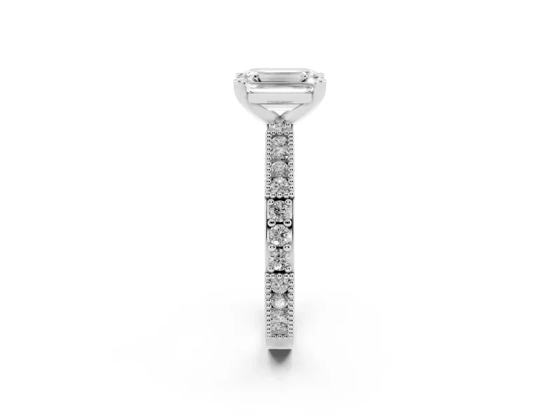 Emerald Cut Diamond Solitaire Ring Set in Silver with Slim Pavé Band and Prong Setting