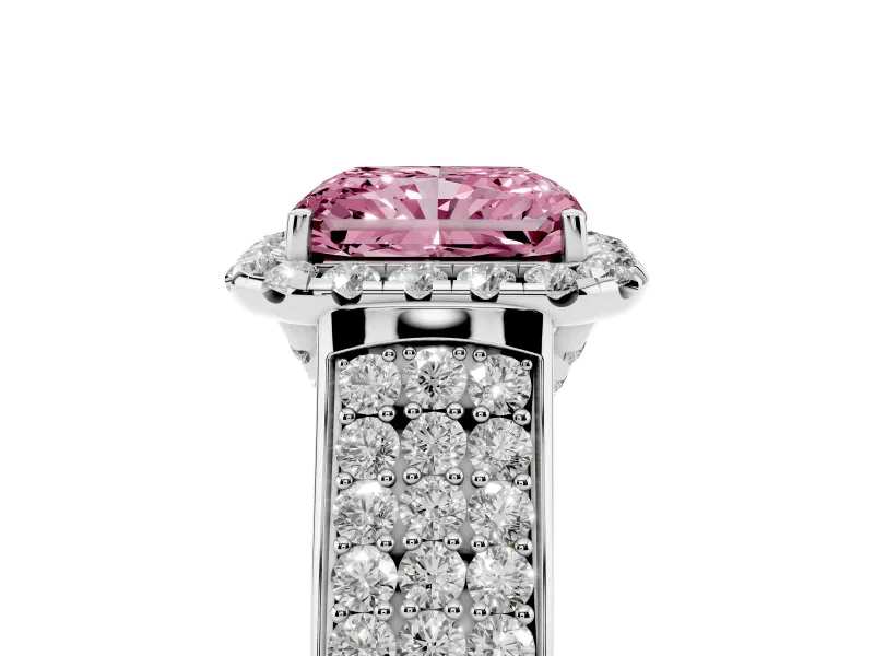 Radiant Cut Pavé Engagement Ring Setting for a Fancy Pink Lab-Grown Diamond | Wide Three-Row Band | White Gold