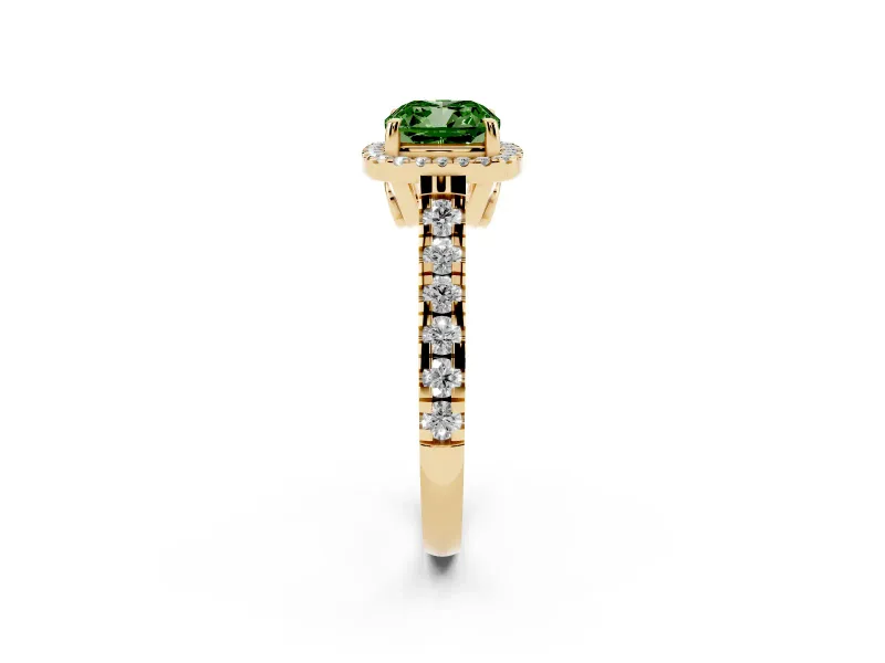 Cushion Cut Accented Halo Engagement Ring Setting for a Fancy Green Lab-Grown Diamond | Yellow Gold