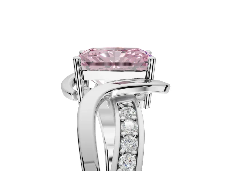 Radiant Cut Bypass Solitaire Engagement Ring Setting for a Fancy Pink Lab-Grown Diamond | Pavé Strands | White Gold